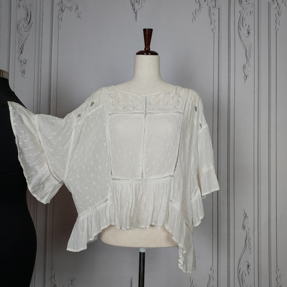 Free People Oversized Cotton Cutout Boho Ruffle Blouse White Sz M
